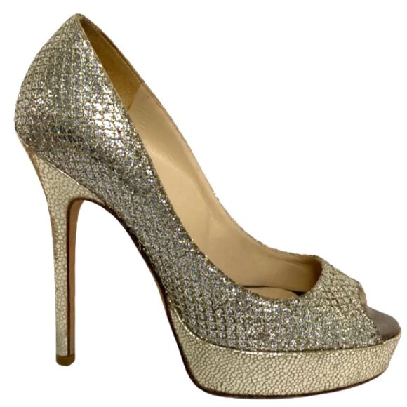 Jimmy Choo Gold/Silver Glitter Luna Peep Toe Platform Pumps Size 36 - Picture 3 of 4